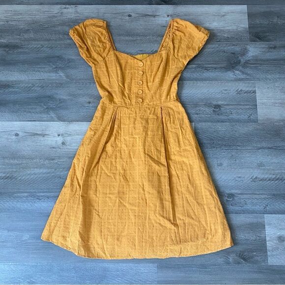 ModCloth Smocked Dress Mustard Yellow Embroidered Medium With Pockets Fe… - Picture 2 of 11